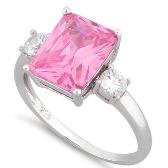 Sterling Silver Triple Rectangular Pink CZ Ring - Picture 3 of 4